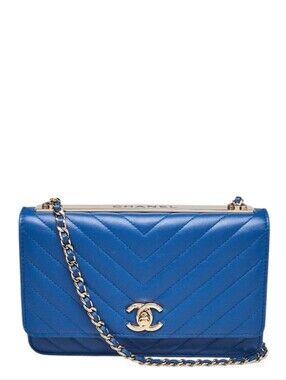 Like NEW!!! RARE! Chanel Blue Chevron Trendy CC WOC Flap Bag GHW W/Receipt & COA